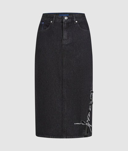 Karl Lagerfeld Lace-Up Midi Denim Skirt Stone Washed Black