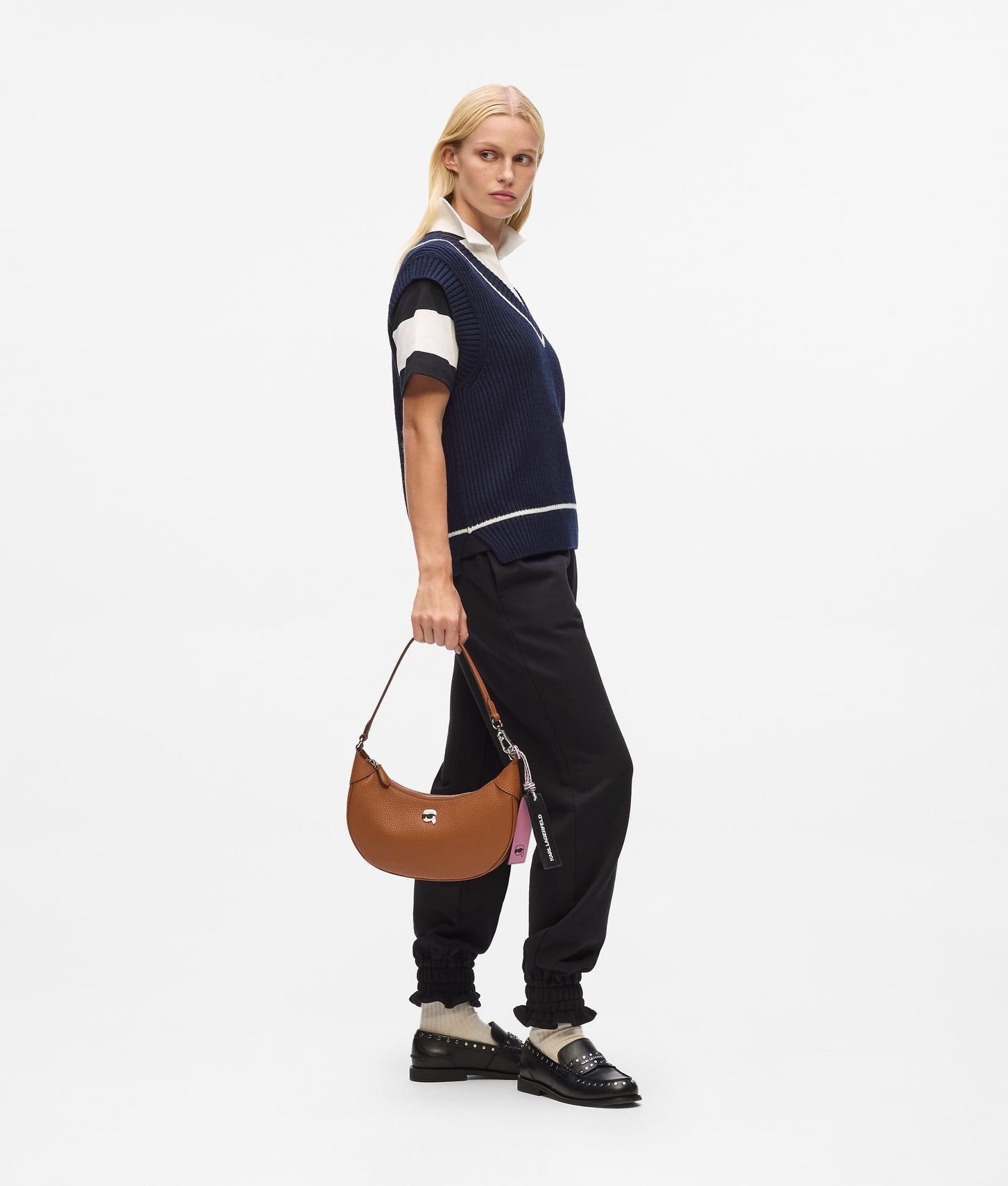 KarlLagerfeld Ikon Pebble Moon Shoulder Bag Dark Tan