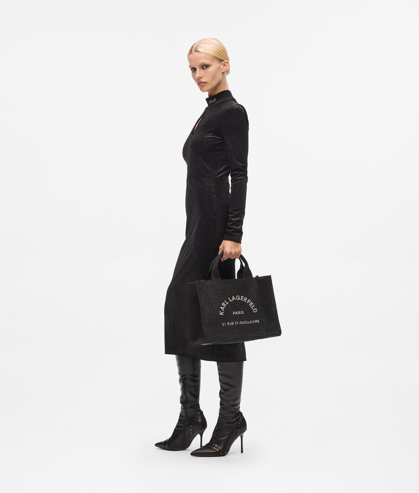 KarlLagerfeld Rue St-Guillaume Rhinestone Tote Bag Black Embellishment