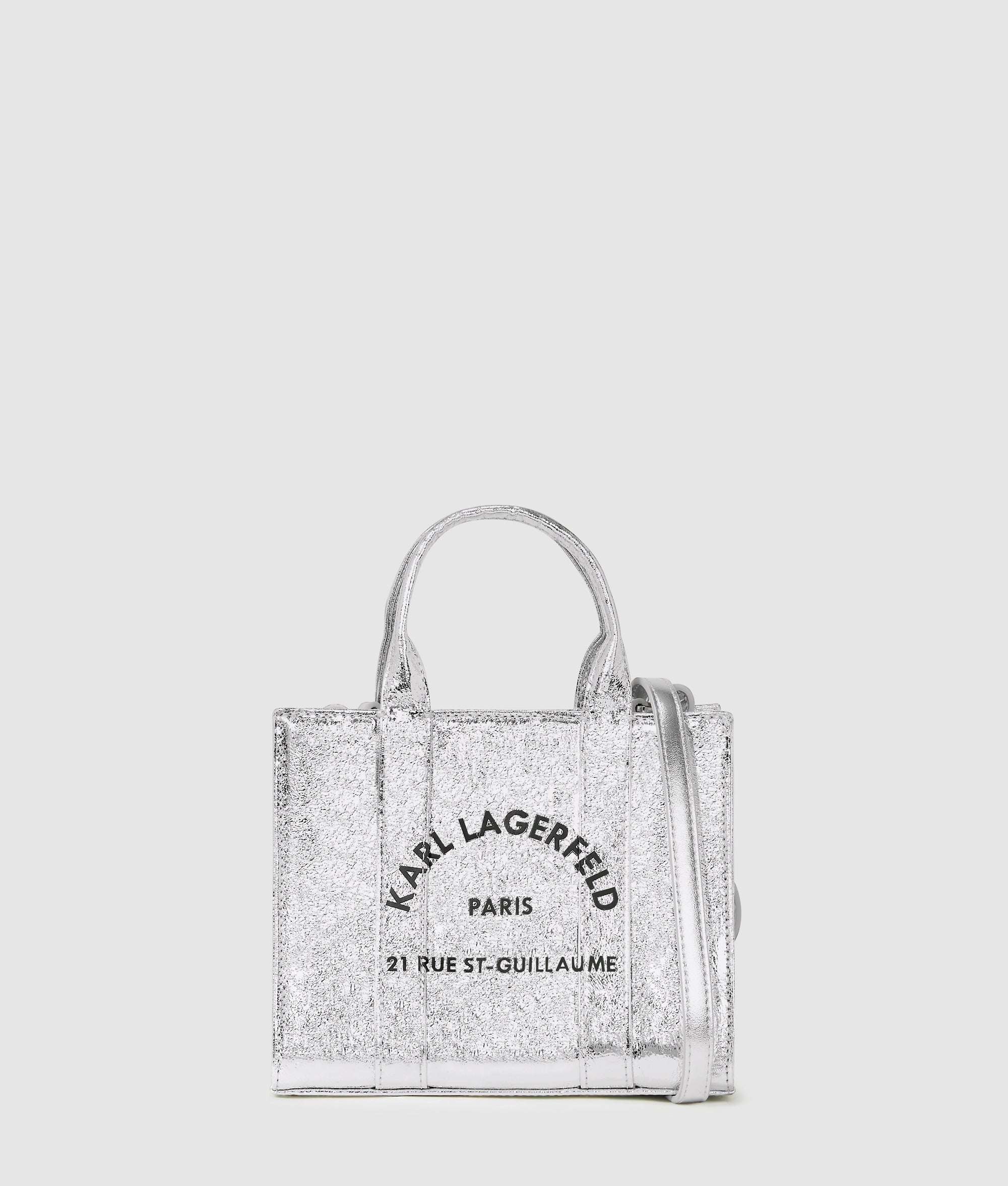 KarlLagerfeld Rue St-Guillaume Mini Metallic Tote Bag Silver