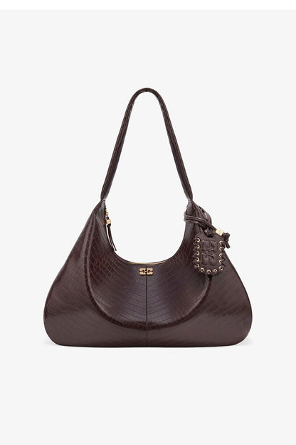 Ganni Chocolate Fondant Brown Croco Xxl Hobo Bag