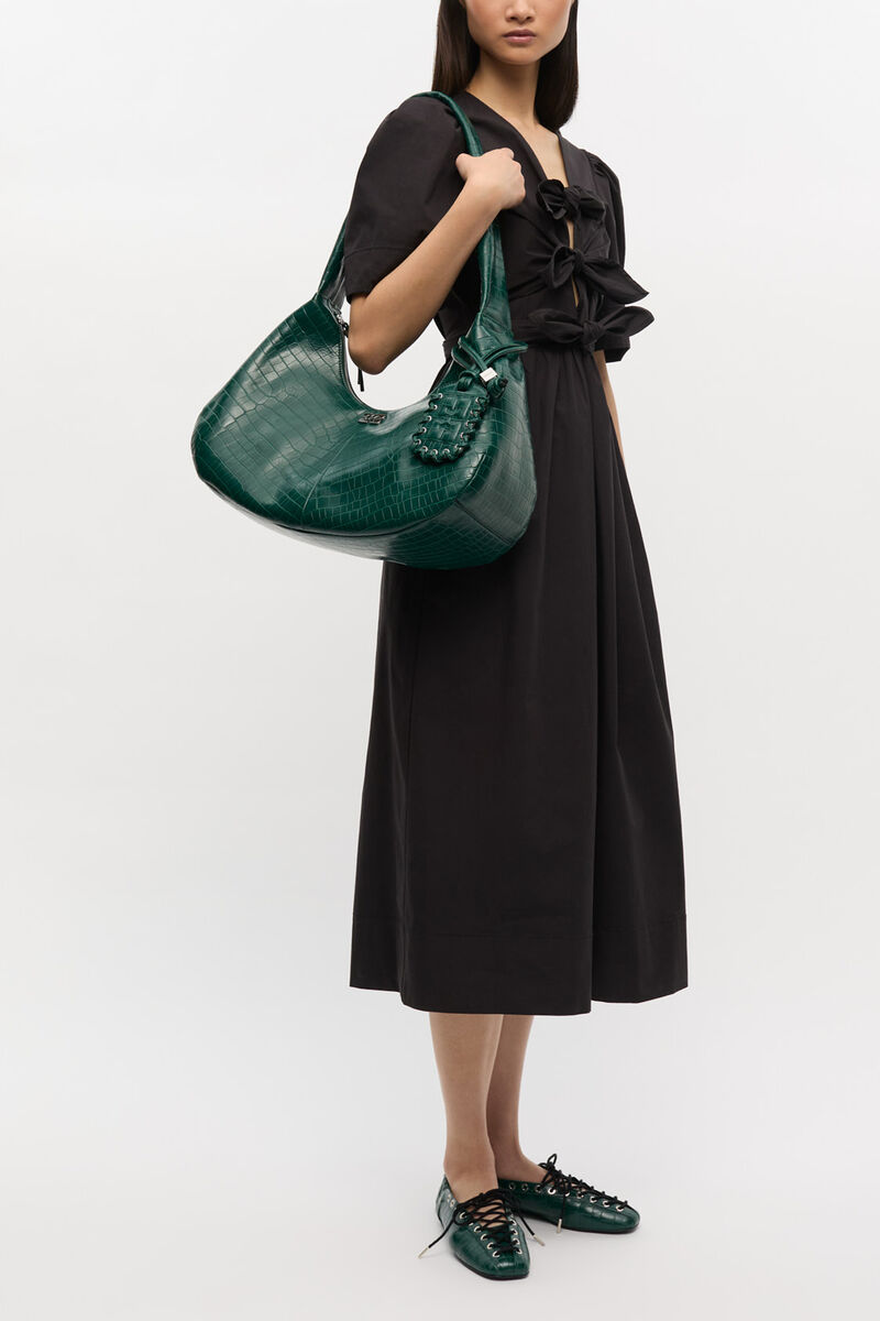 Ganni Pineneedle Green Croco Medium Hobo Bag