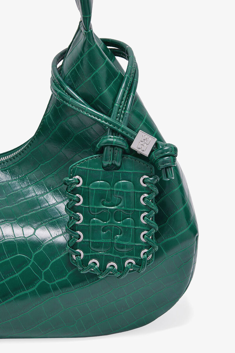 Ganni Pineneedle Green Croco Medium Hobo Bag