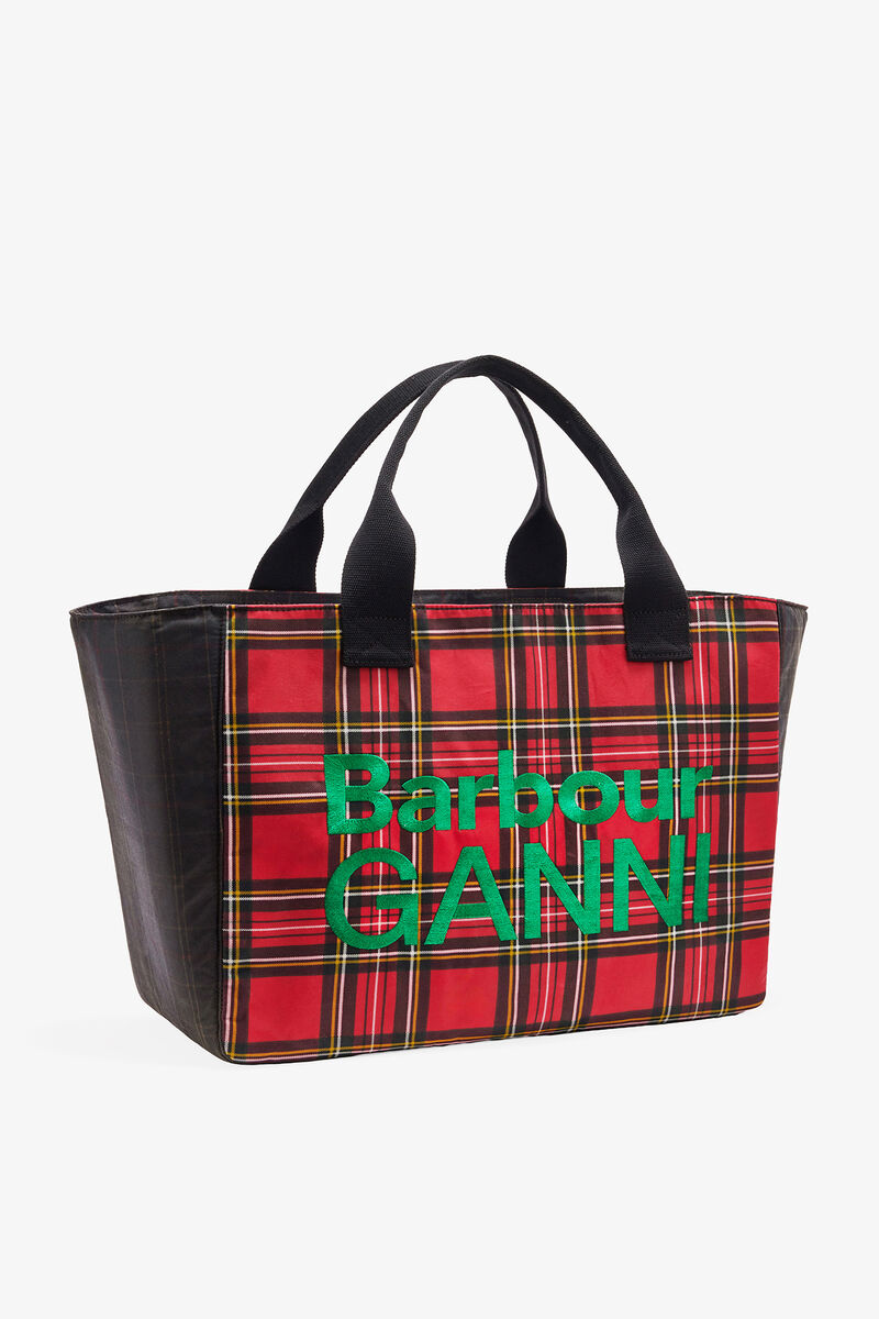 Ganni Dark Green Red Tartan Tote
