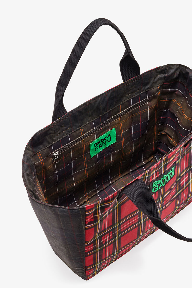 Ganni Dark Green Red Tartan Tote