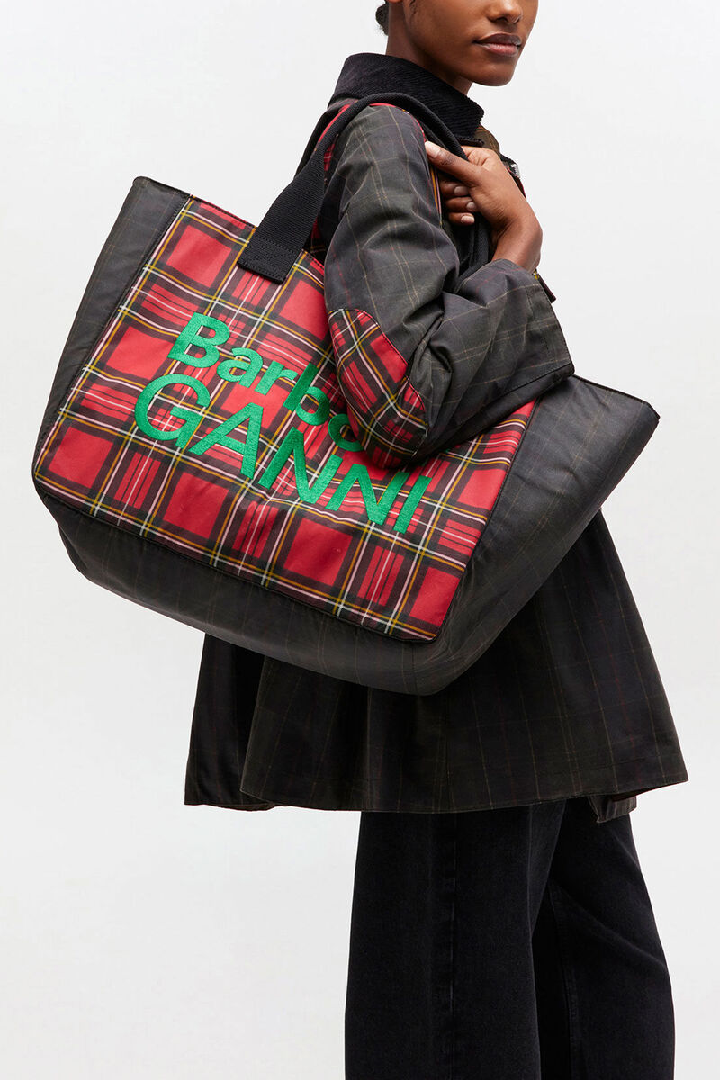 Ganni Dark Green Red Tartan Tote