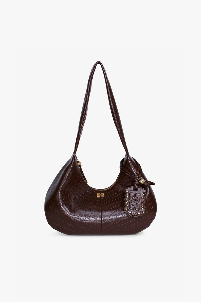 Ganni Chocolate Fondant Brown Croco Medium Hobo Bag
