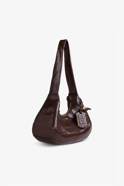 Ganni Chocolate Fondant Brown Croco Medium Hobo Bag