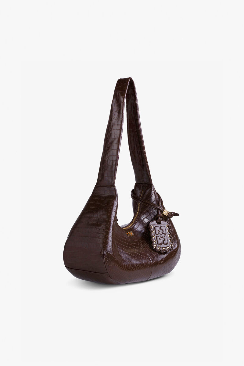 Ganni Chocolate Fondant Brown Croco Medium Hobo Bag