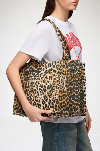Ganni Leopard Large Canvas Tote Bag