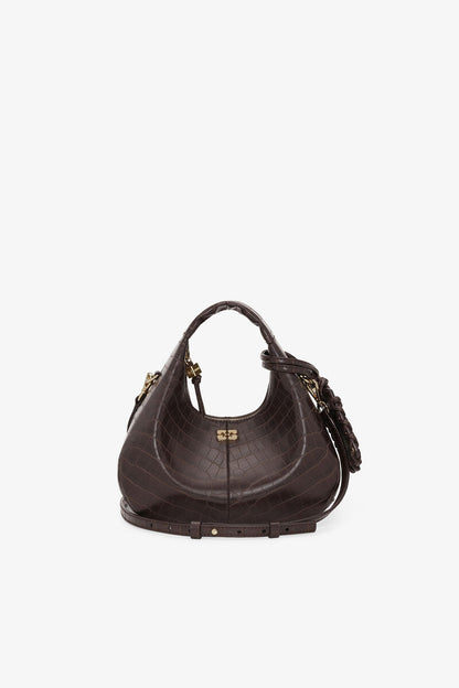 Ganni Chocolate Fondant Brown Croco Mini Hobo Bag