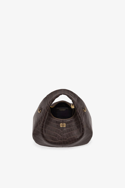 Ganni Chocolate Fondant Brown Croco Mini Hobo Bag