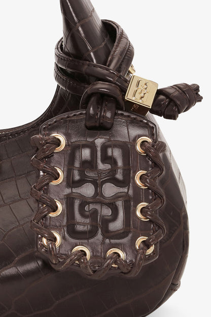 Ganni Chocolate Fondant Brown Croco Mini Hobo Bag