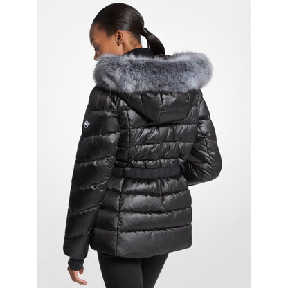 Michael Kors Faux Fur Trim Belted Puffer Jacket BLACK
