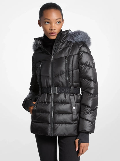 Michael Kors Faux Fur Trim Belted Puffer Jacket BLACK