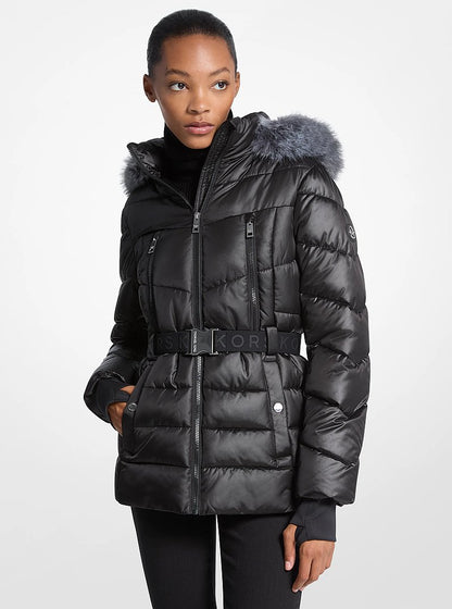 Michael Kors Faux Fur Trim Belted Puffer Jacket BLACK