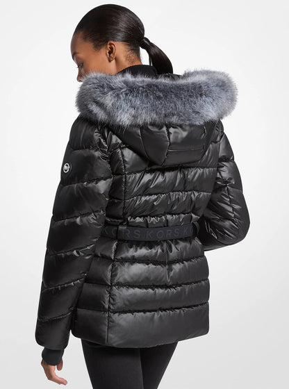 Michael Kors Faux Fur Trim Belted Puffer Jacket BLACK
