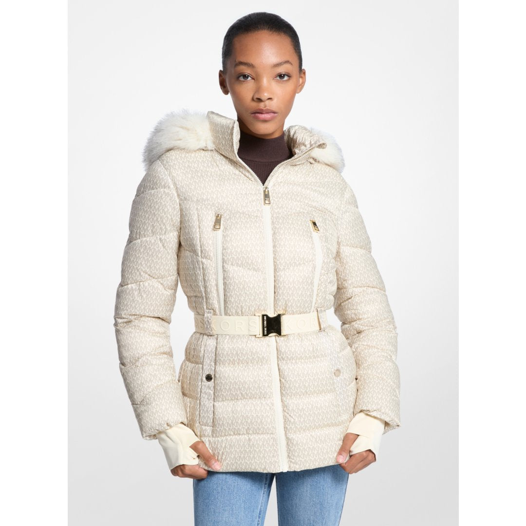 Michael Kors Faux Fur Trim Belted Puffer Jacket BONE
