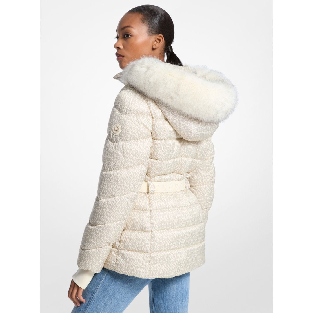Michael Kors Faux Fur Trim Belted Puffer Jacket BONE