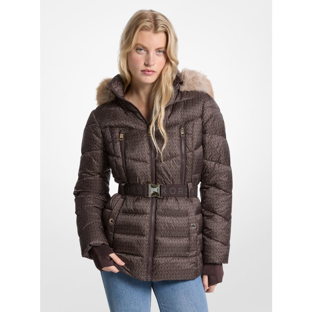 Michael Kors Faux Fur Trim Belted Puffer Jacket CHOCOLATE