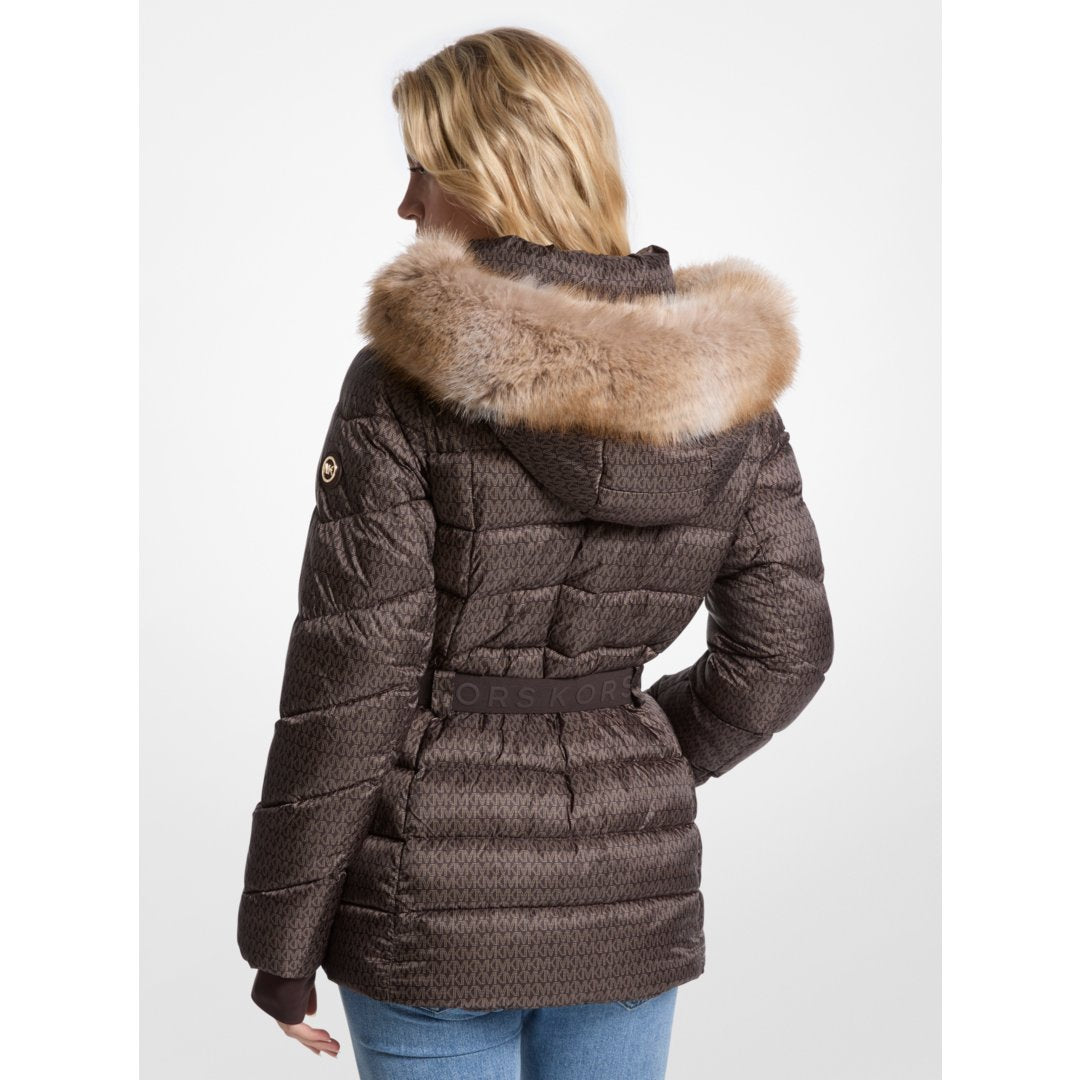 Michael Kors Faux Fur Trim Belted Puffer Jacket CHOCOLATE