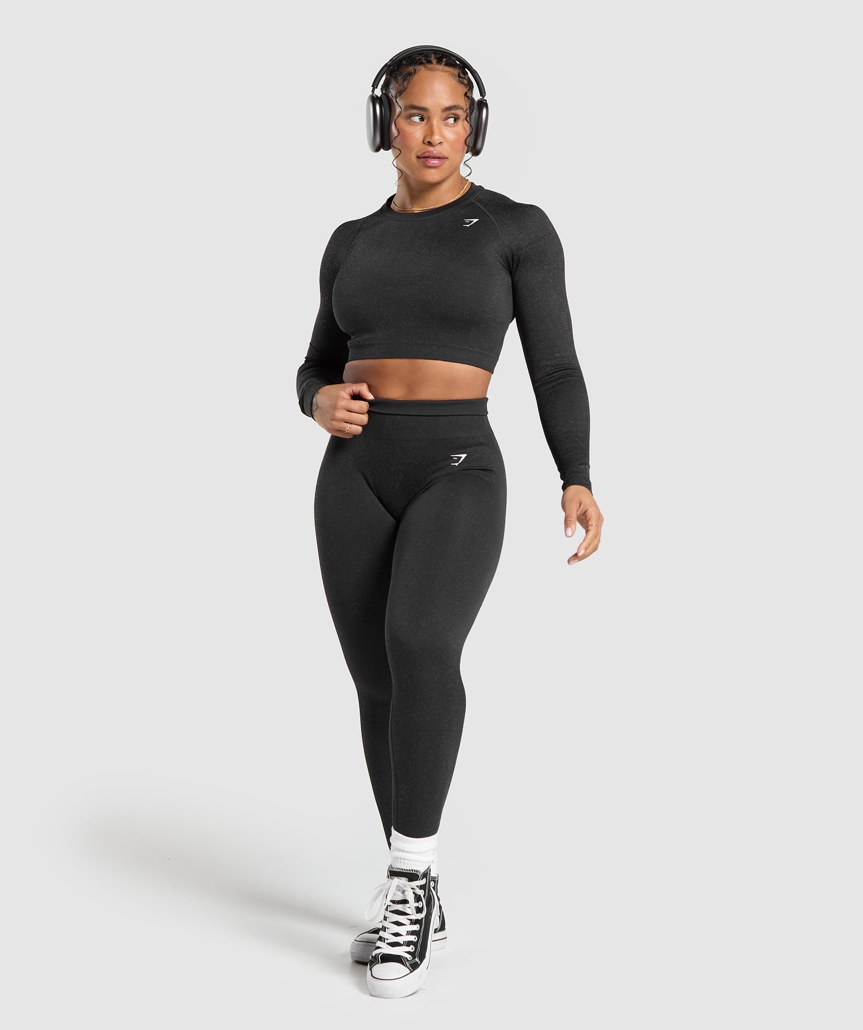 Women's Gymshark Adapt Fleck Seamless Long Sleeve Crop Top Mineral | Black