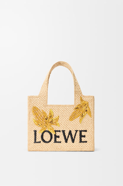 Loewe Small LOEWE Font tote in raffia