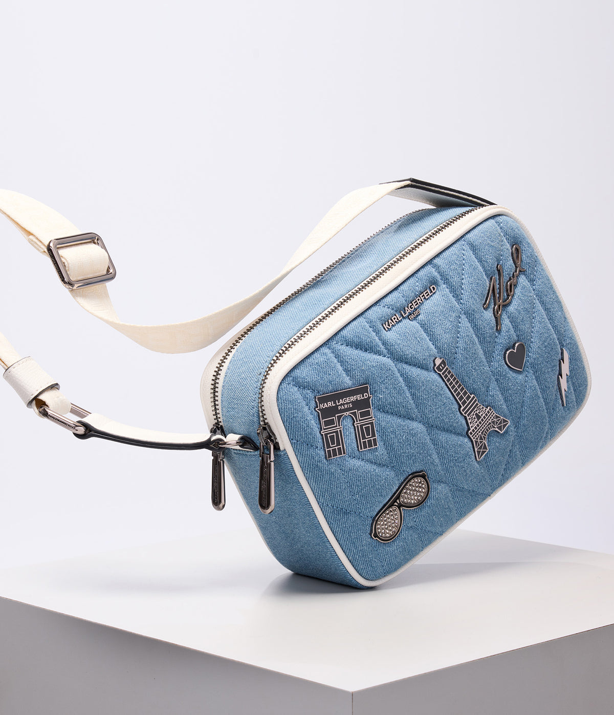 KarlLagerfeld Maybelle denim crossbody with paris pins light denim