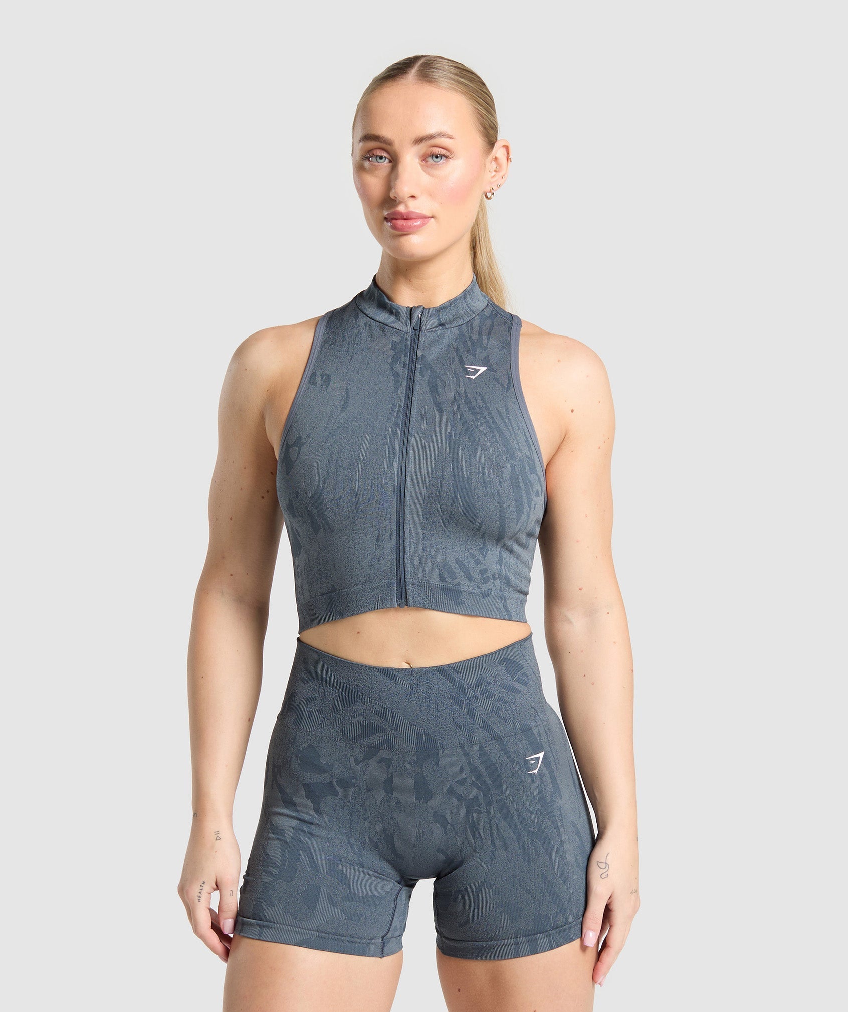 Women's Gymshark Adapt Camo Seamless Zip Up Crop Top Titanium Blue