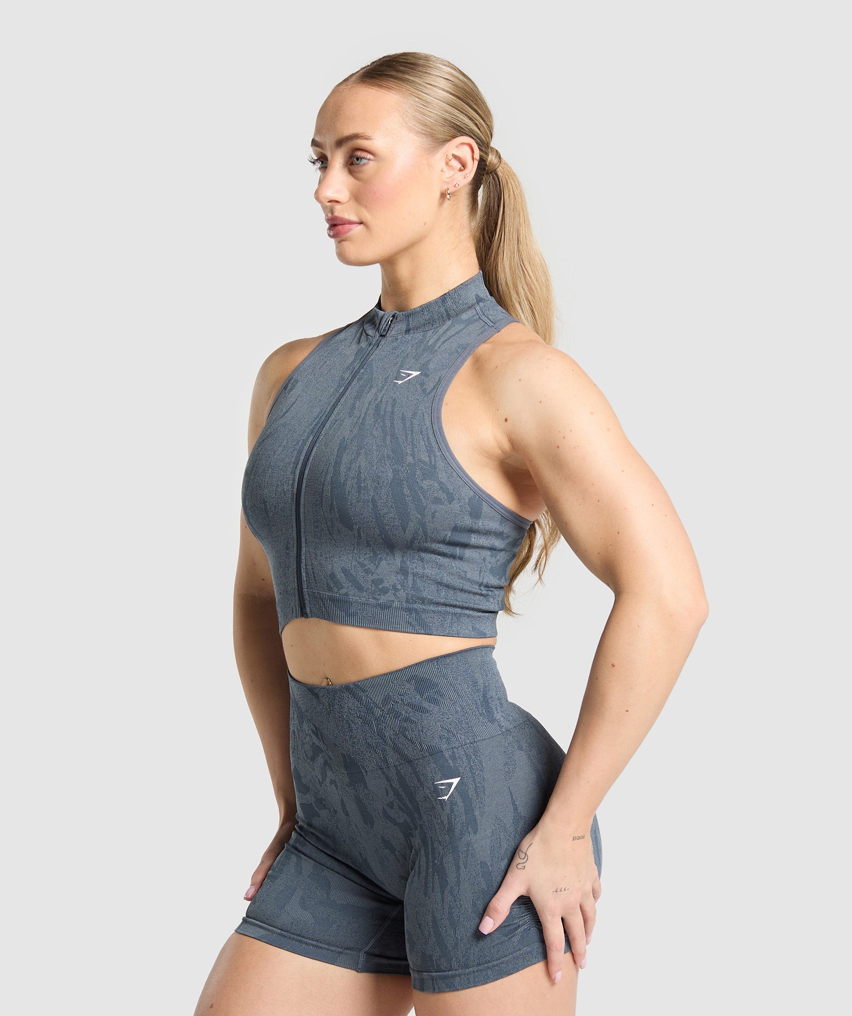 Women's Gymshark Adapt Camo Seamless Zip Up Crop Top Titanium Blue