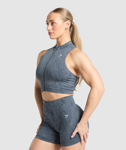 Women's Gymshark Adapt Camo Seamless Zip Up Crop Top Titanium Blue