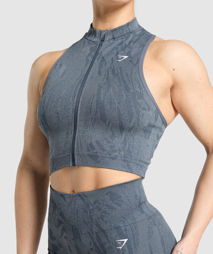Women's Gymshark Adapt Camo Seamless Zip Up Crop Top Titanium Blue