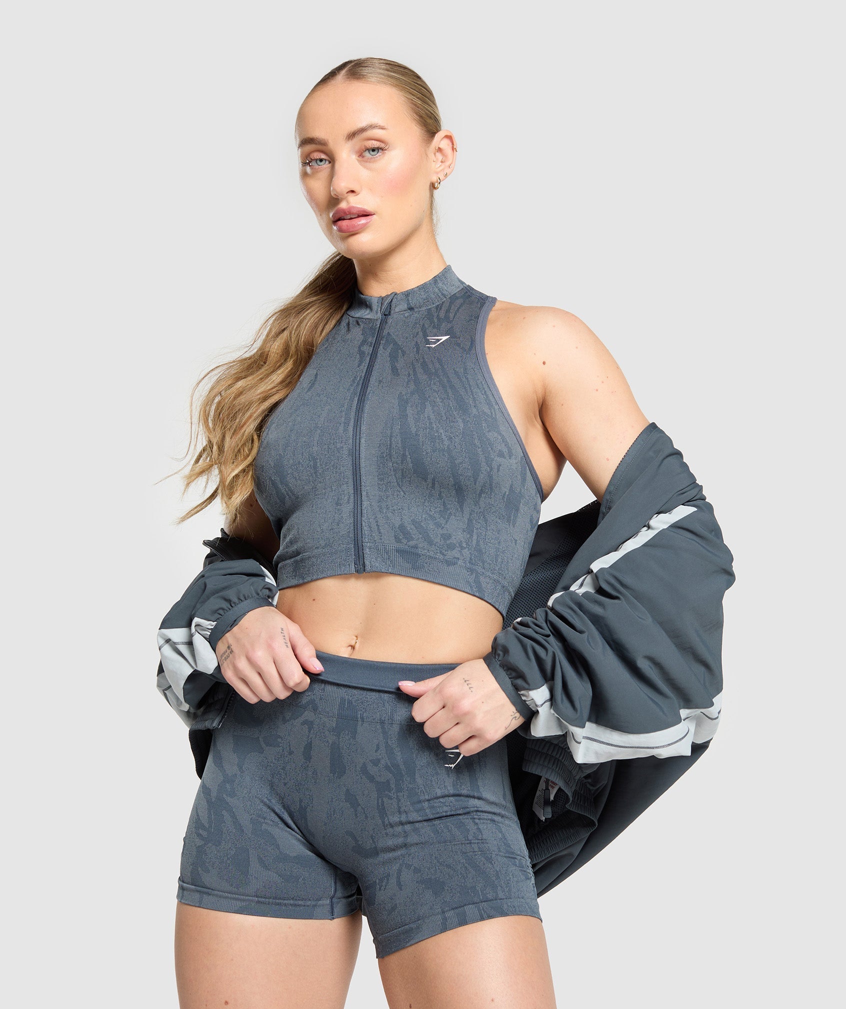 Women's Gymshark Adapt Camo Seamless Zip Up Crop Top Titanium Blue