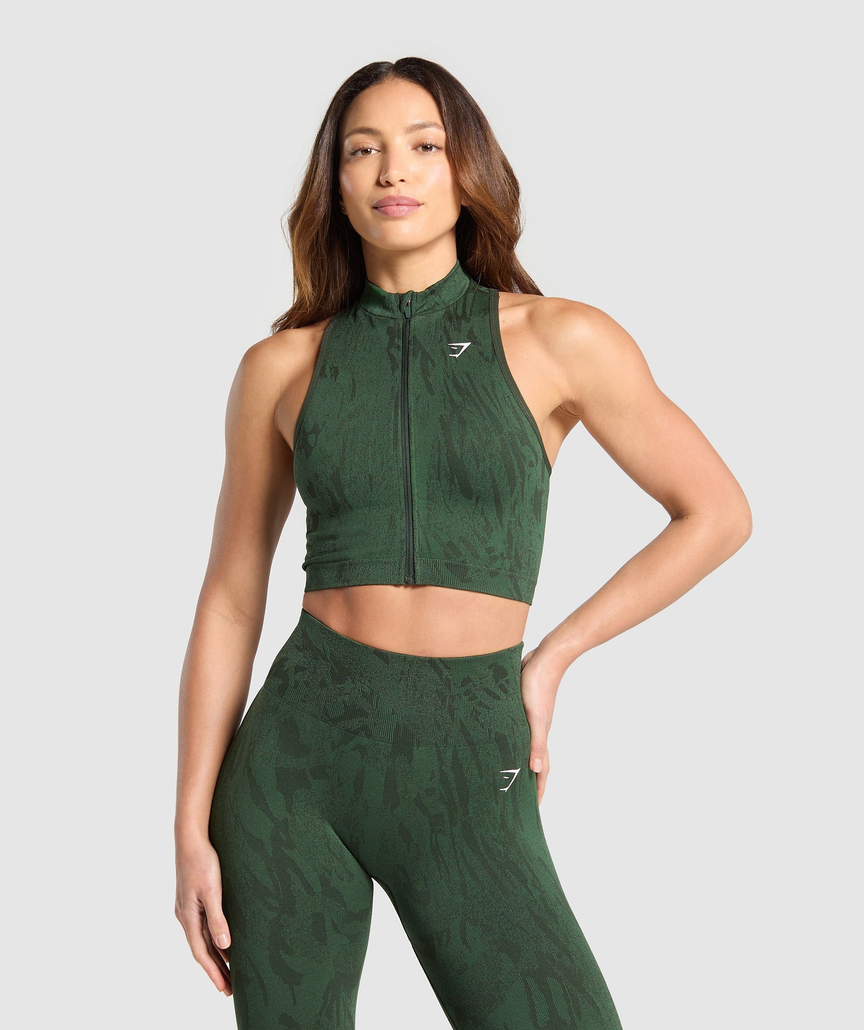 Women's Gymshark Adapt Camo Seamless Zip Up Crop Top Trail Green