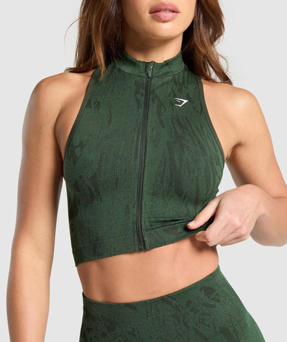 Women's Gymshark Adapt Camo Seamless Zip Up Crop Top Trail Green