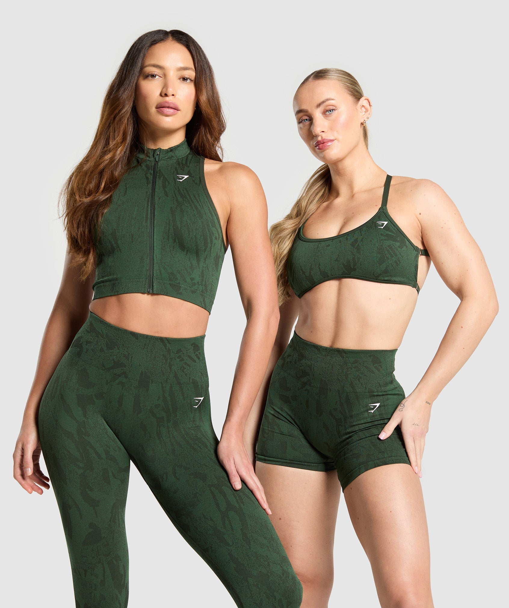 Women's Gymshark Adapt Camo Seamless Zip Up Crop Top Trail Green