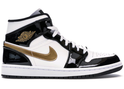 Jordan 1 Mid Patent Black White Gold, front