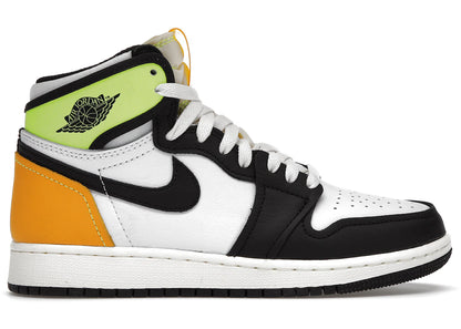 Kids Air Jordan 1 Retro High White Black Volt University Gold, side profile