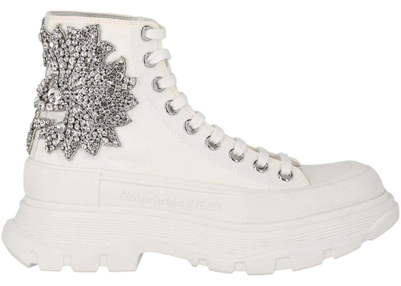 Alexander Mcqueen Crystal Embellished Tread Slick Boots White (Women'S)