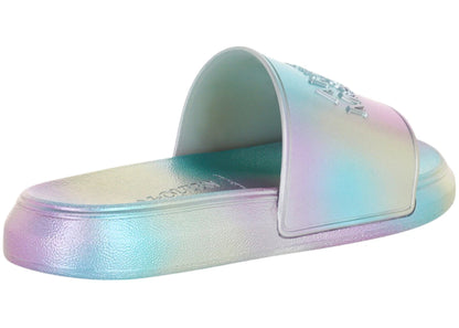 alexander mcqueen iridescent logo slides silver (women's)