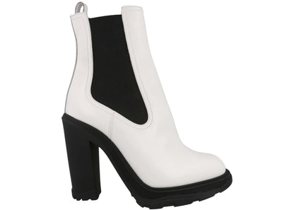 alexander mcqueen leather heeled chelsea boot ivory black (women's)