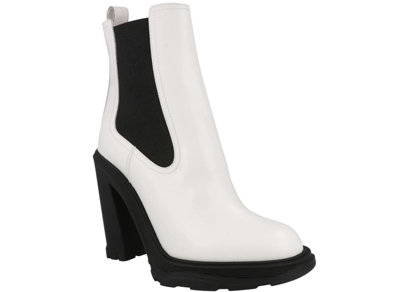 alexander mcqueen leather heeled chelsea boot ivory black (women's)