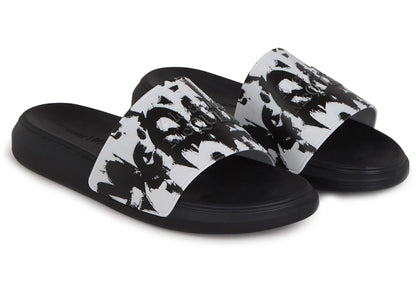 alexander mcqueen pool slide graffiti logo paint splatter white black white