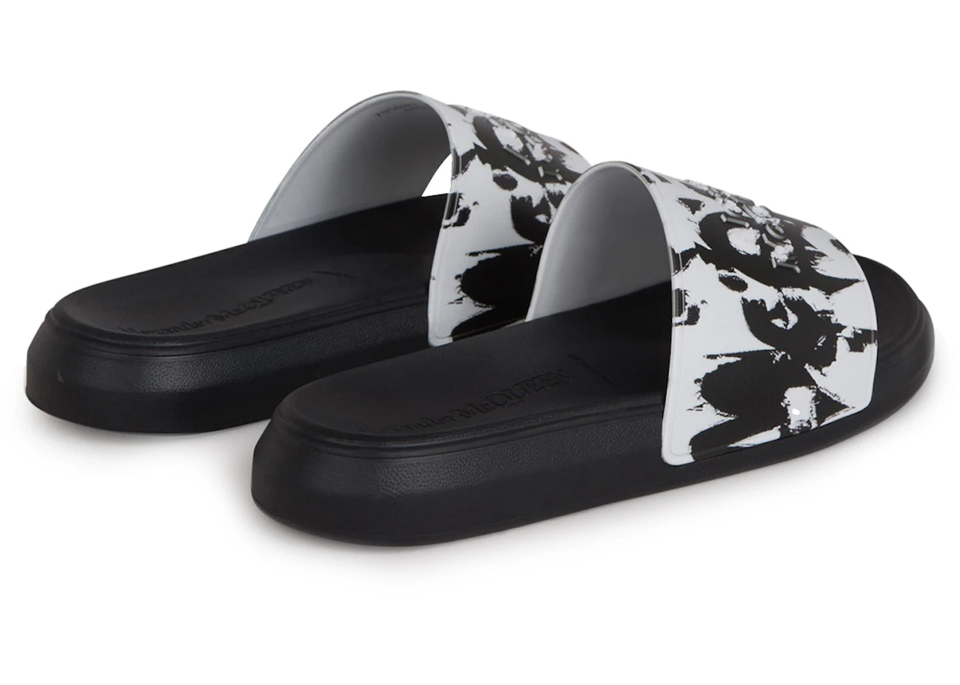 alexander mcqueen pool slide graffiti logo paint splatter white black white
