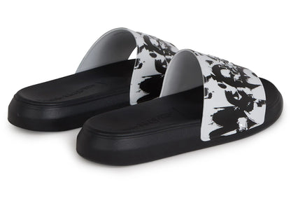 alexander mcqueen pool slide graffiti logo paint splatter white black white