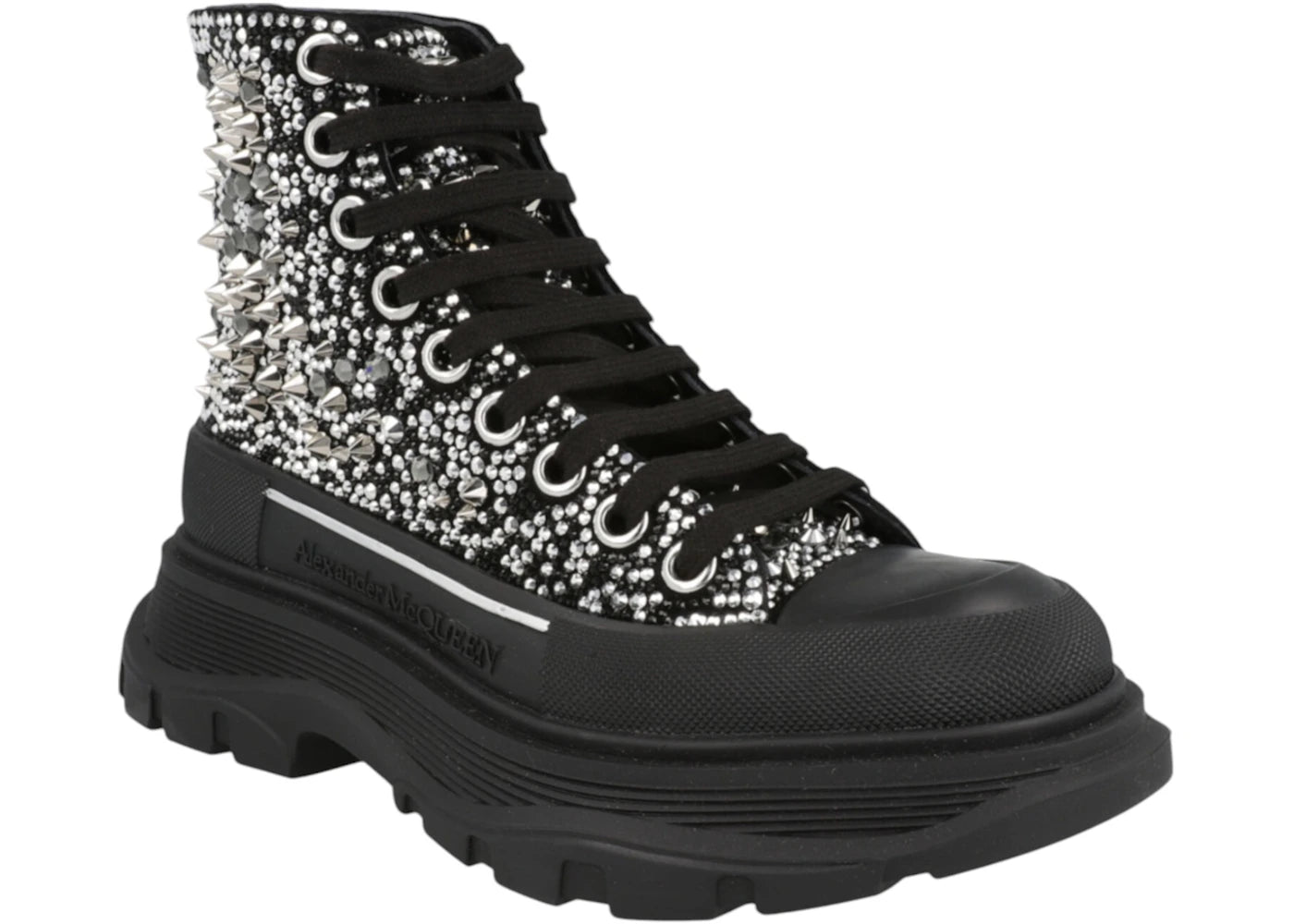 alexander mcqueen tread slick boot black silver crystal (women's)
