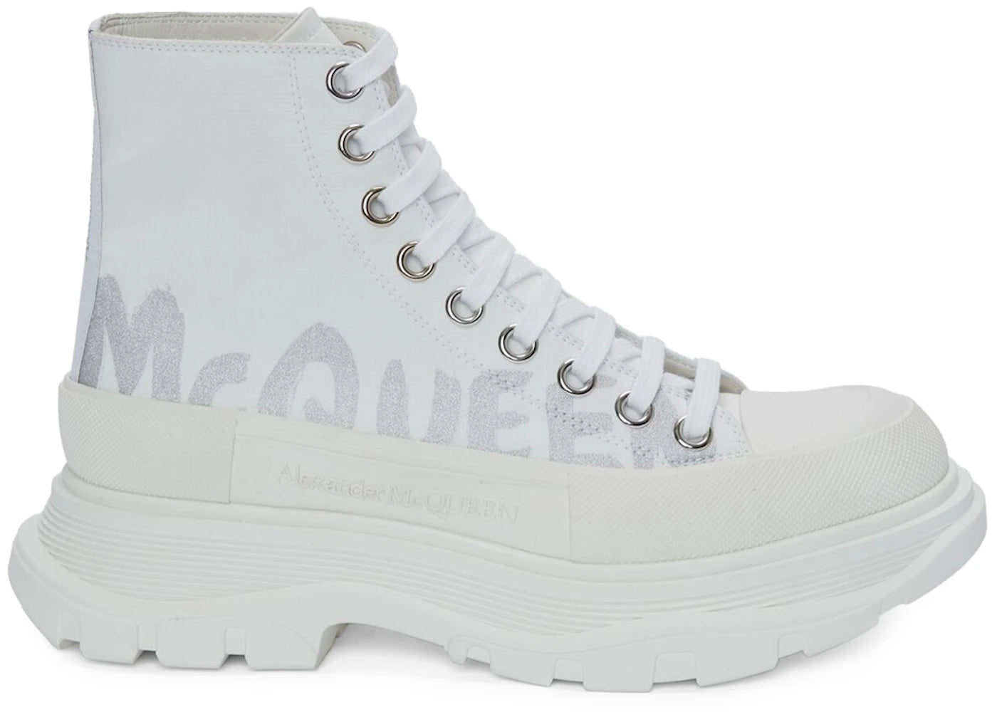 alexander mcqueen tread slick boot graffiti white silver (women's)