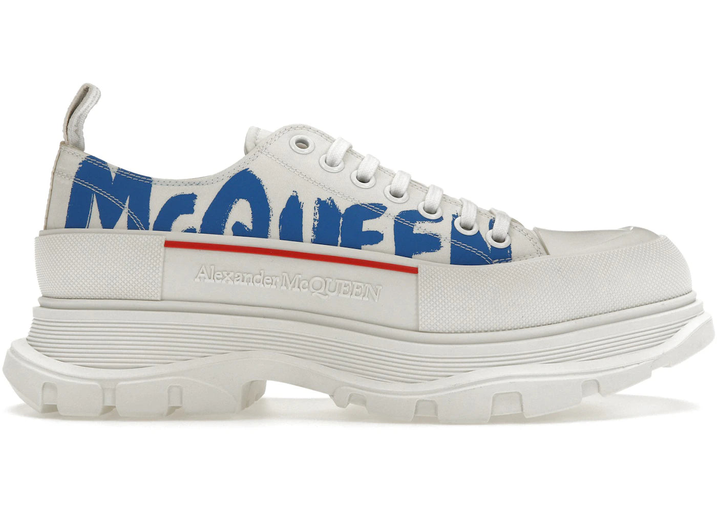 alexander mcqueen tread slick low lace up graffiti white white blue
