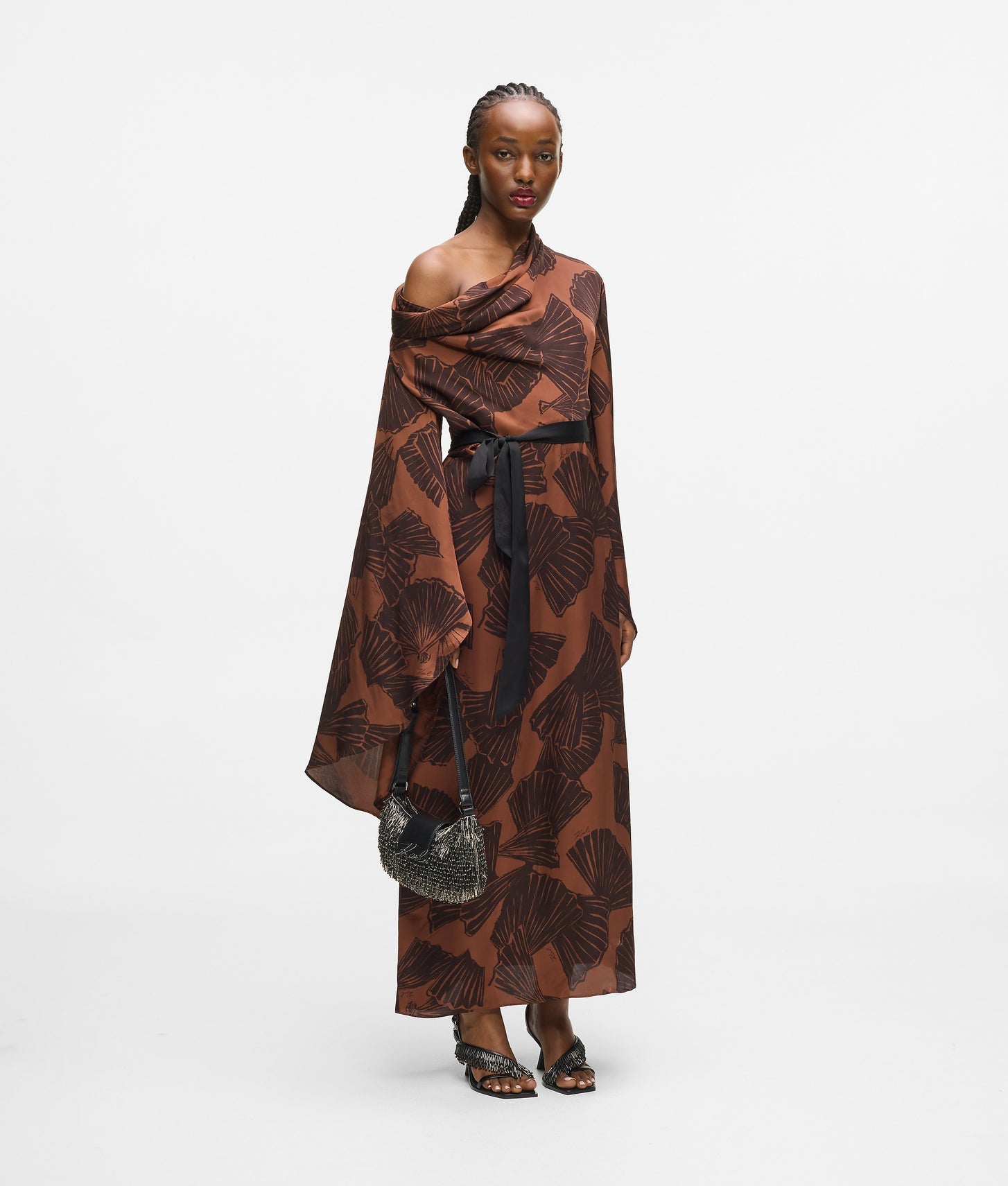 Karl Lagerfeld Fan Print Kaftan Dress Graphic Fan Friar Brown