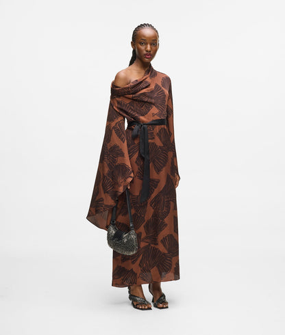 Karl Lagerfeld Fan Print Kaftan Dress Graphic Fan Friar Brown